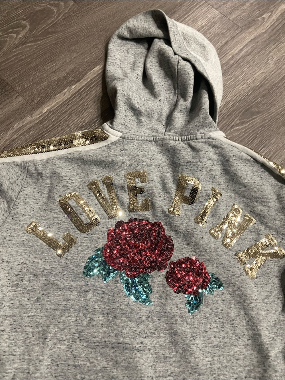 Victoria's Secret Love Pink Gray Hoodie with Gold and Red Sequin Rose